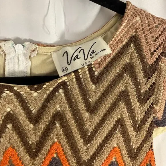 VA VA by Joy Han 70s Retro vibe Zig-Zag Dress M – Brown & Orange Short Sleeve - Picture 4 of 5